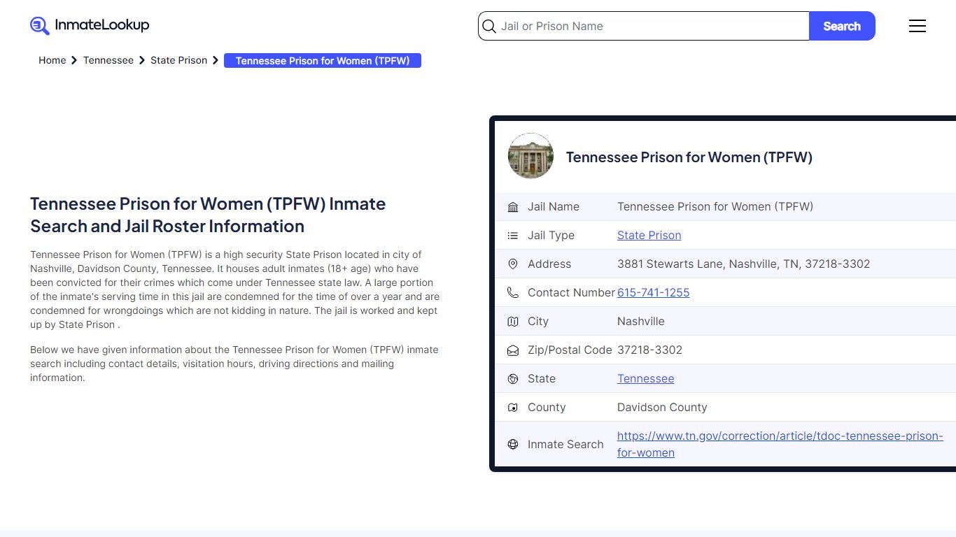 Tennessee Prison for Women (TPFW) Inmate Search, Jail Roster, Bookings ...