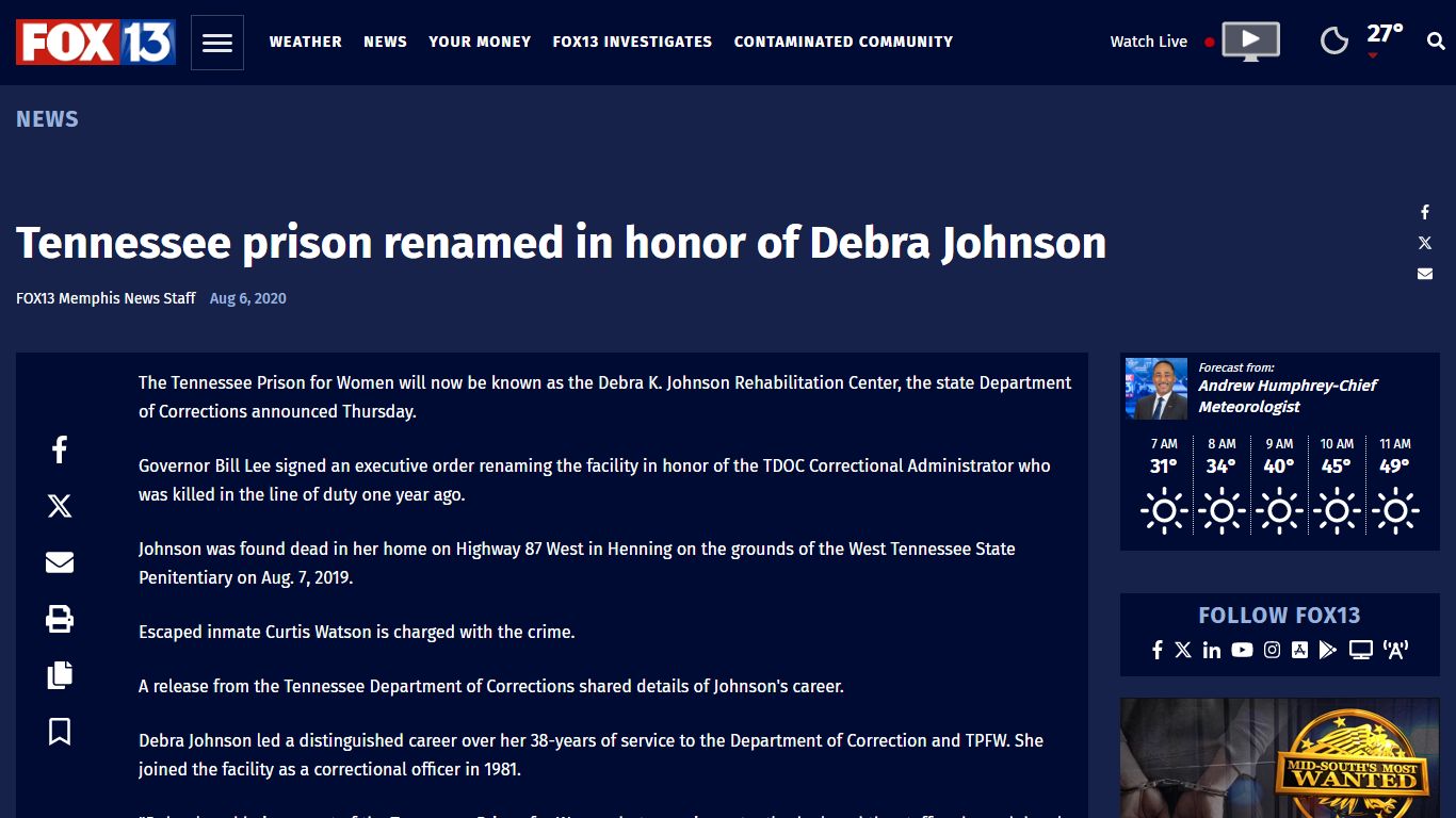 Tennessee prison renamed in honor of Debra Johnson